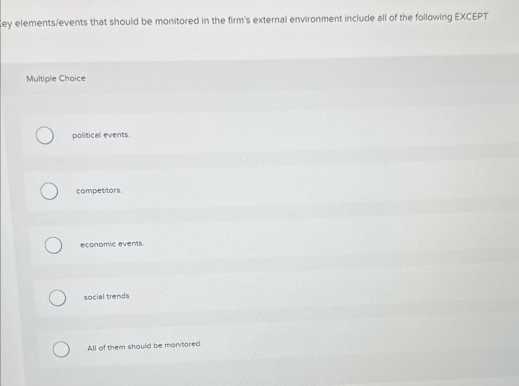  ley elements/events that should be monitored in the firm's external environment