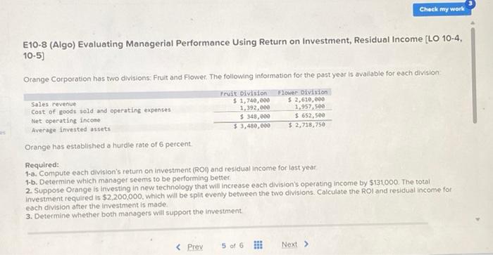  es E10-8 (Algo) Evaluating Managerial Performance Using Return on Investment, Residual