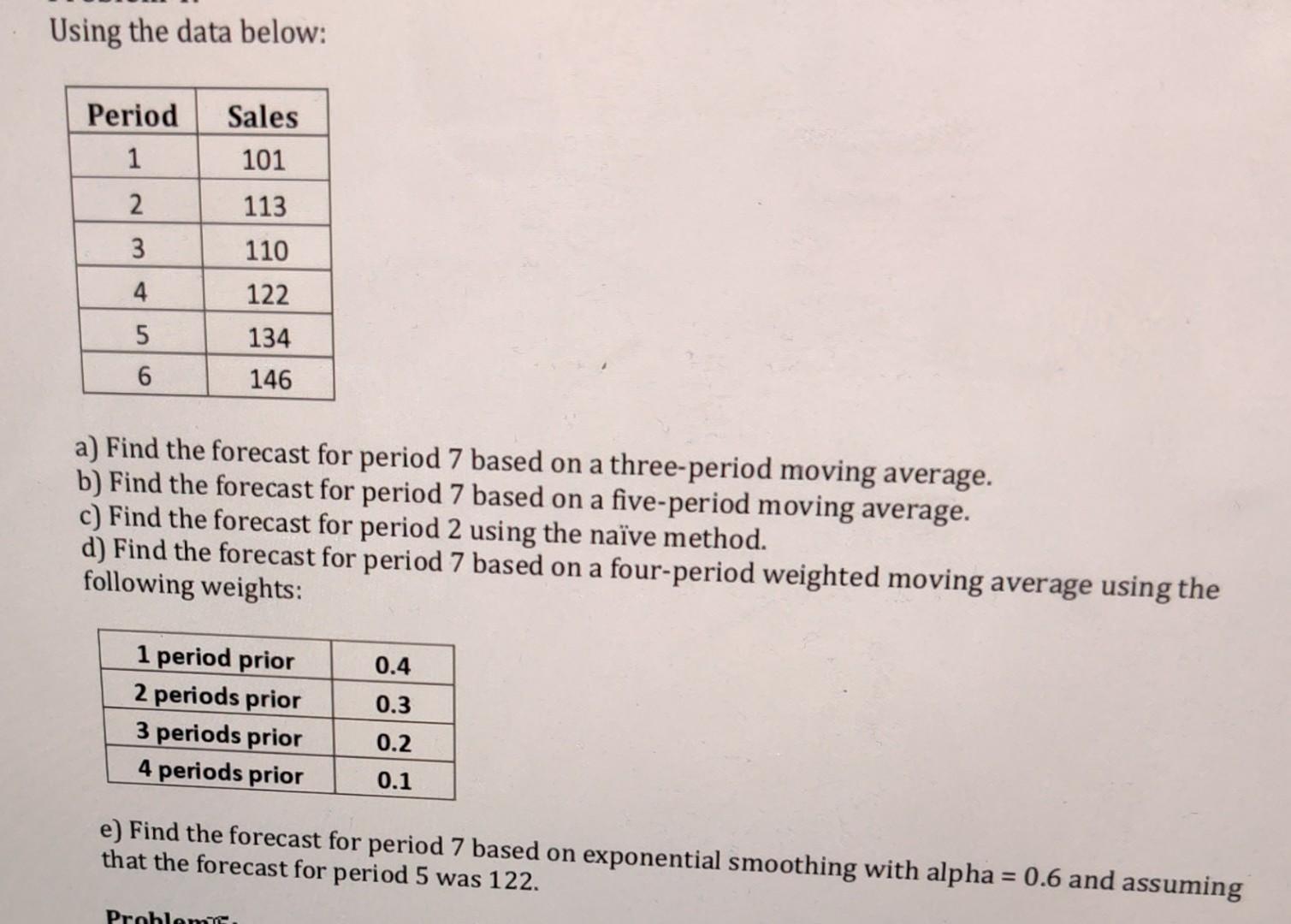  Using the data below: a) Find the forecast for period 7