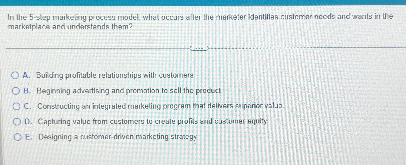  In the 5-step marketing process model, what occurs after the marketer