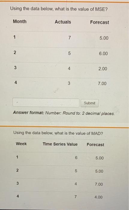  Using the data below, what is the value of MSE? Answer