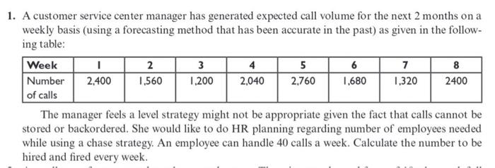  A customer service center manager has generated expected call volume for