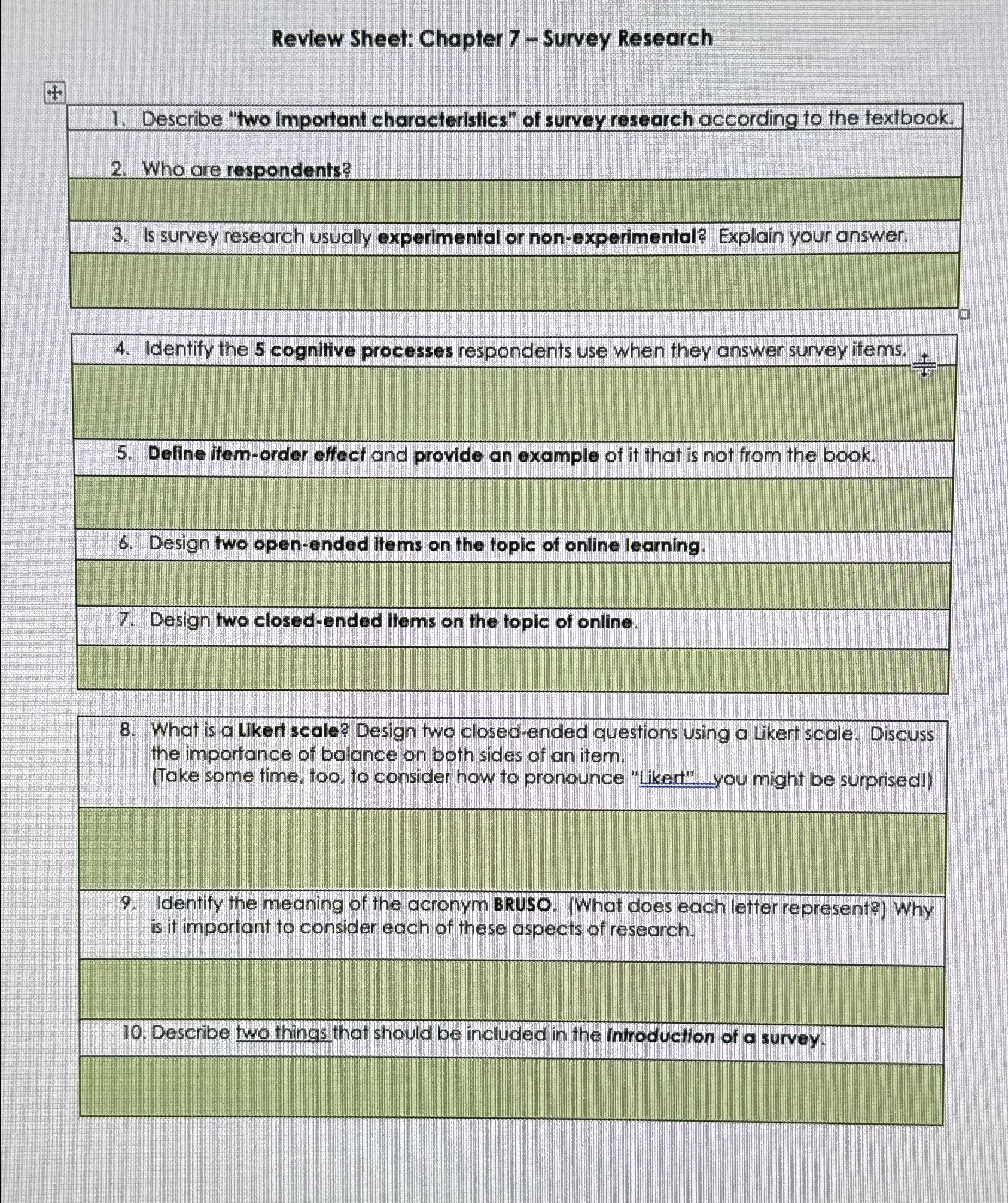  Review Sheet: Chapter 7- Survey Research Describe "two Important characteristics" of