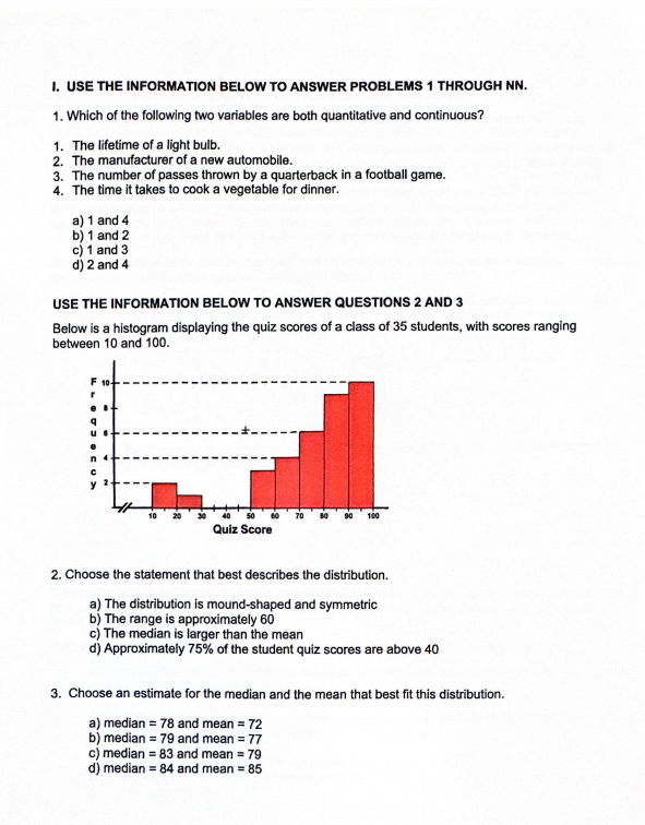 I. USE THE INFORMATION BELOW TO ANSWER PROBLEMS 1 THROUGH NN. 1.