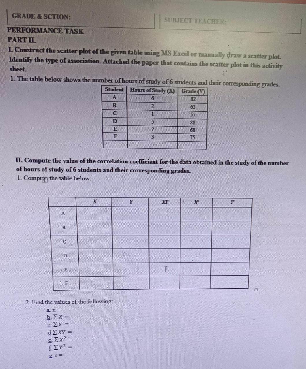  GRADE & SCTION: SUBJECT TEACHER: PERFORMANCE TASK PART II. L. Construct
