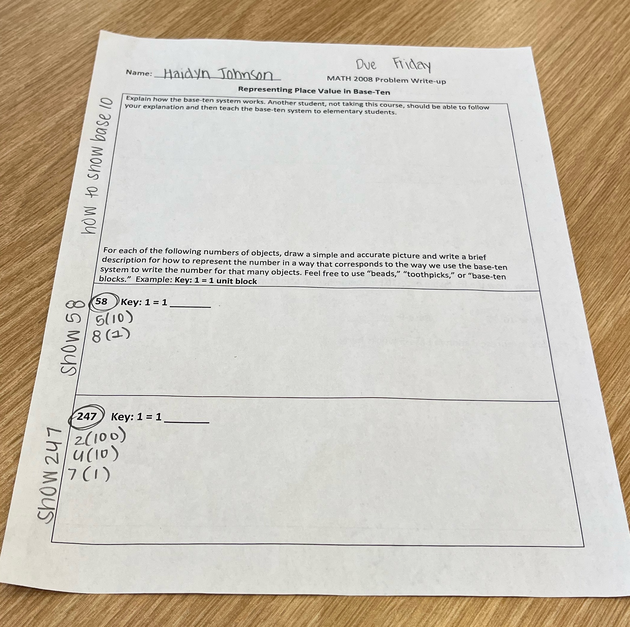 Math 2008 Name: W MATH 2003 Problem Writeup Representing Place Value In