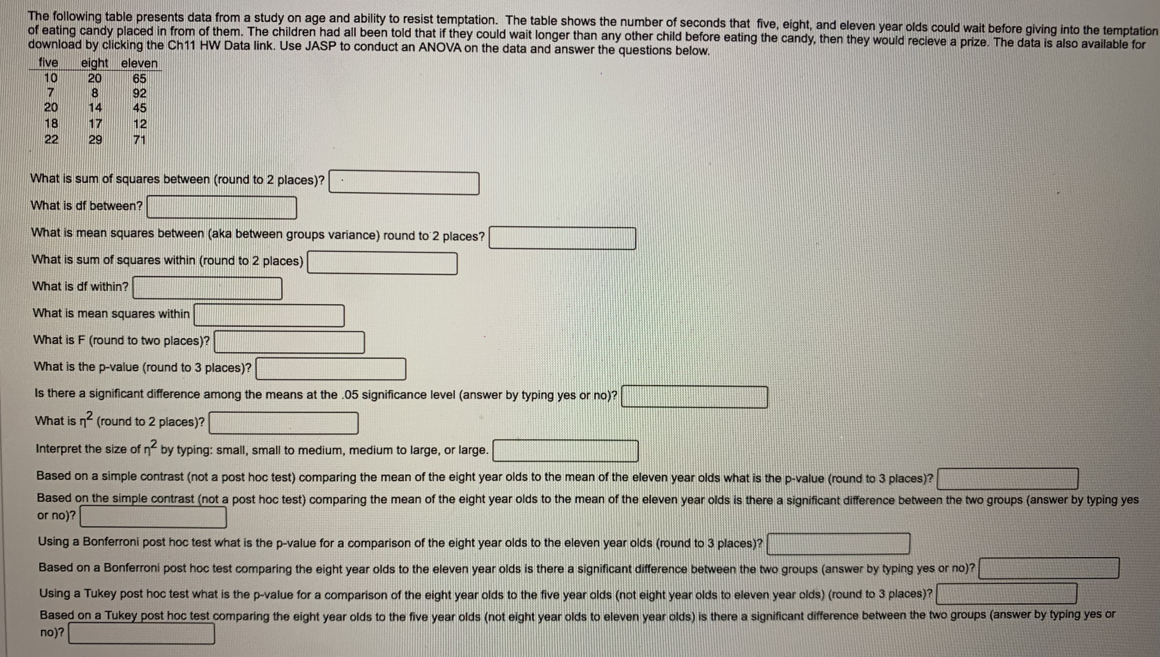  The following table presents data from a study on age and