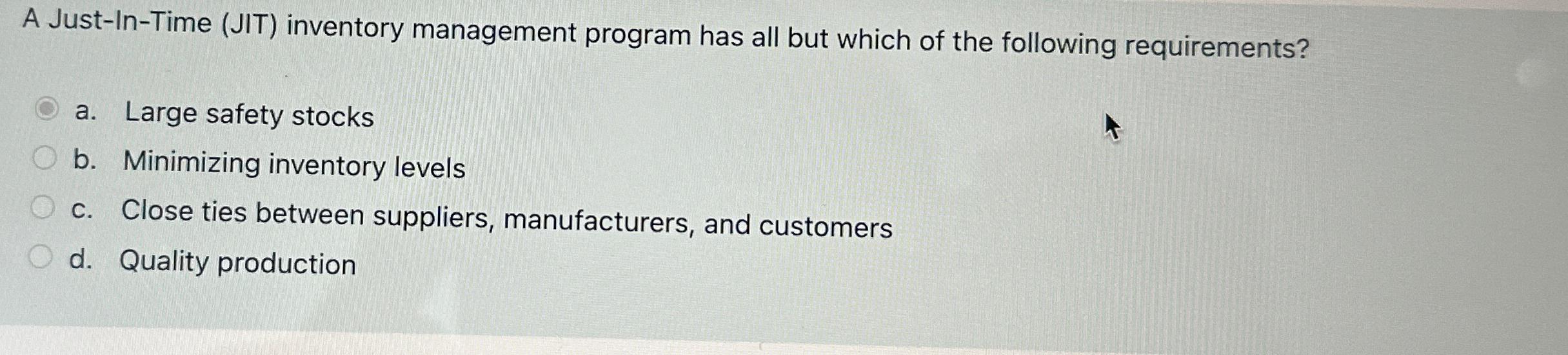  A Just-In-Time (JIT) inventory management program has all but which of