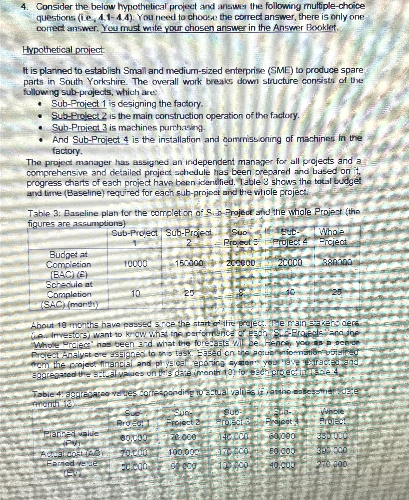  Consider the below hypothetical project and answer the following multiple-choice questions