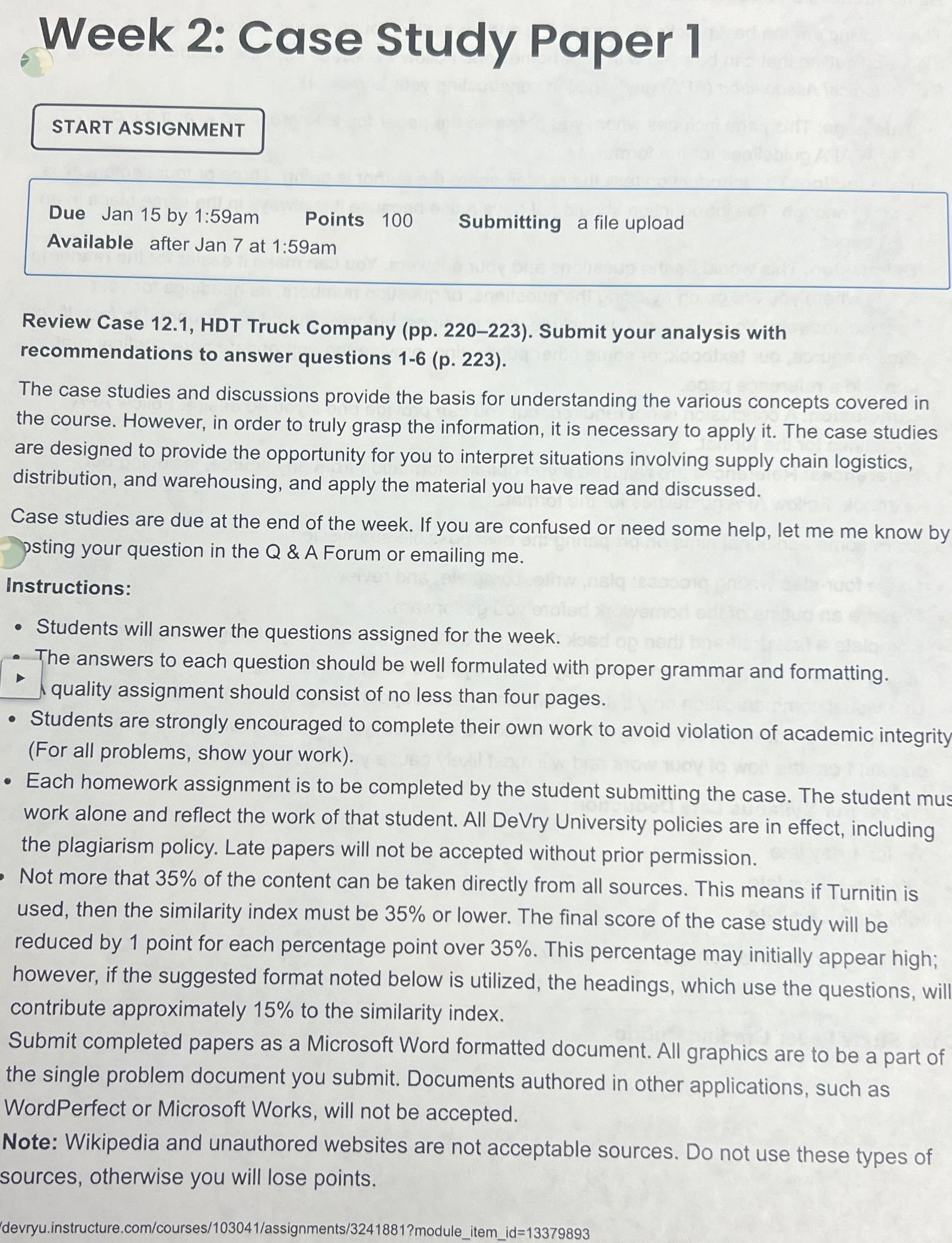  Week 2: Case Study Paper 1 Due Jan 15 by 1:59am