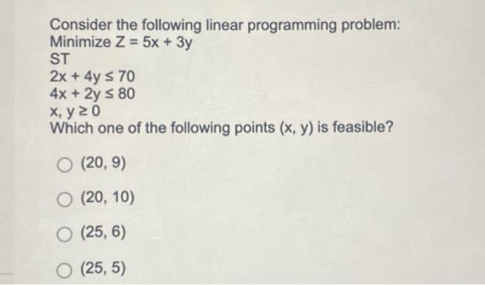  Consider the following linear programming problem: Minimize Z = 5x +