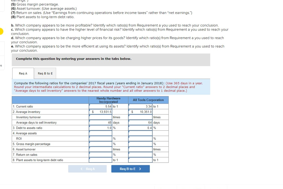  (5) Gross margin percentage. (6) Asset turnover. (Use average assets.) (7)