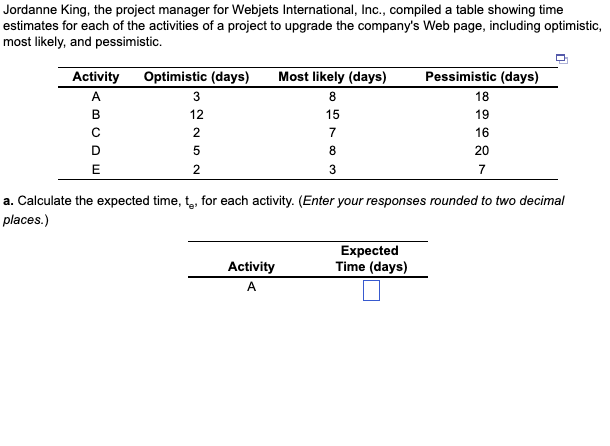 Please include the expected time for a, b, c, d, e and