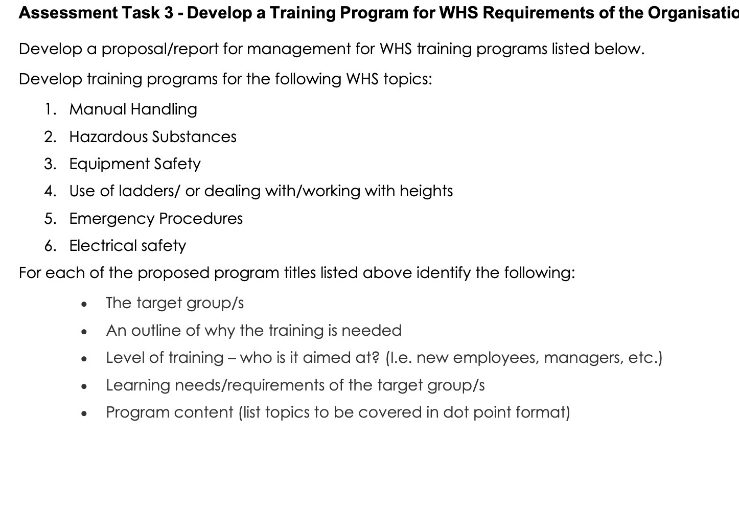  Assessment Task 3 - Develop a Training Program for WHS Requirements