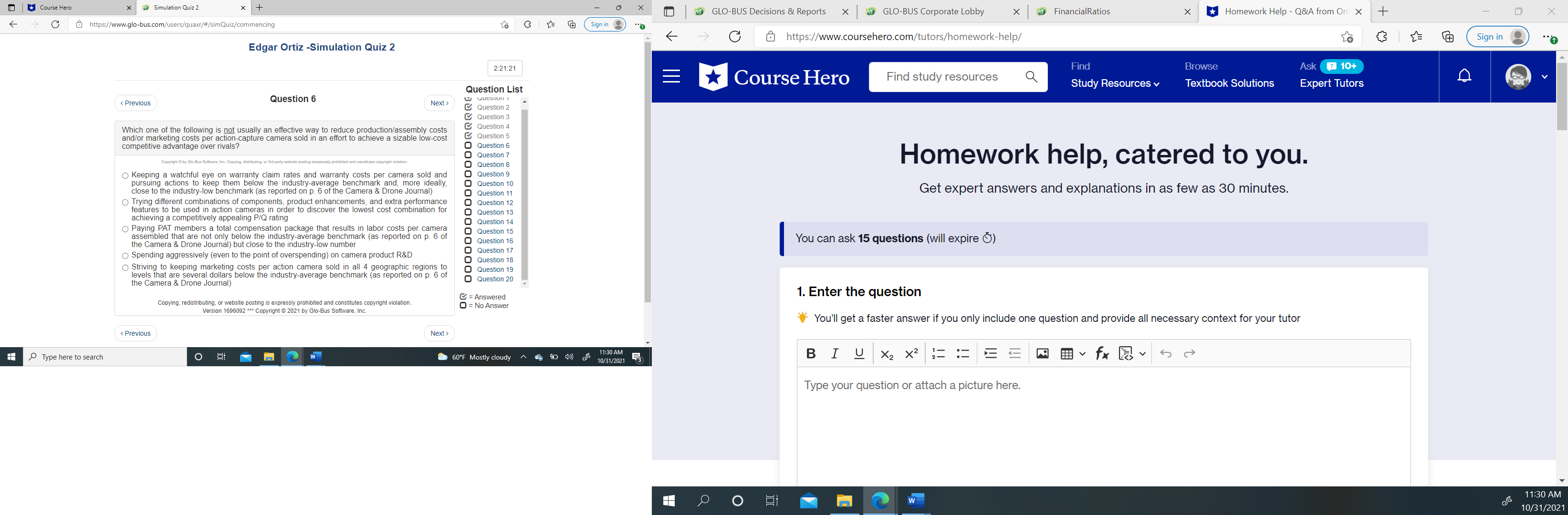  Course Hero x Simulation Quiz 2 * + x 3 GLO-BUS
