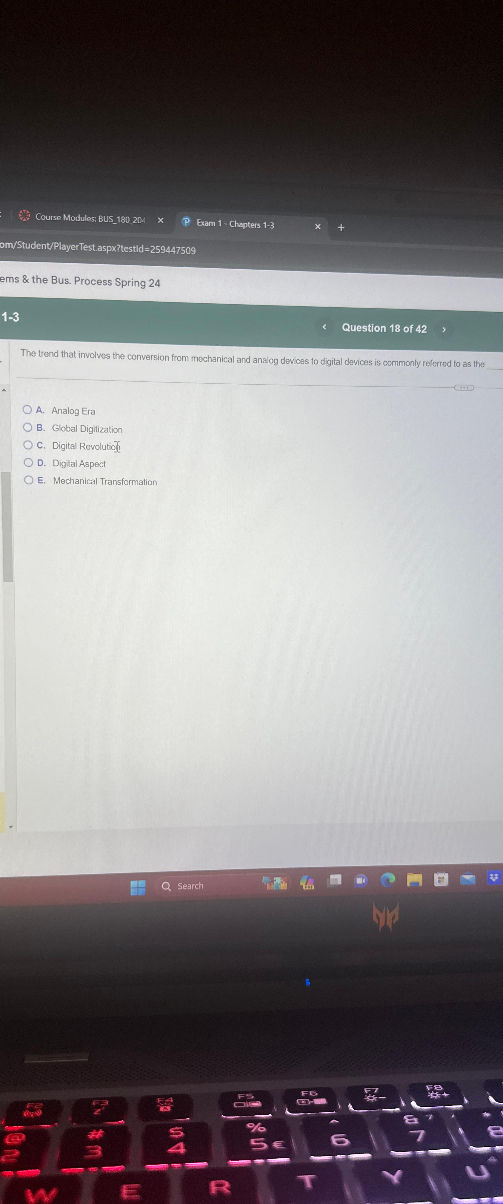  Course Modules: BUS_180_204 Exam 1- Chapters 1-3 om/Student/PlayerTest.aspx?testld =259447509 ems &