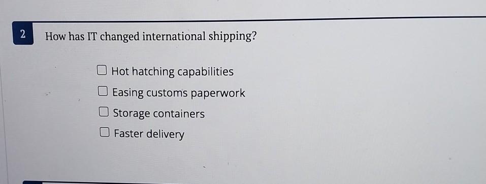  How has IT changed international shipping? Hot hatching capabilities Easing customs