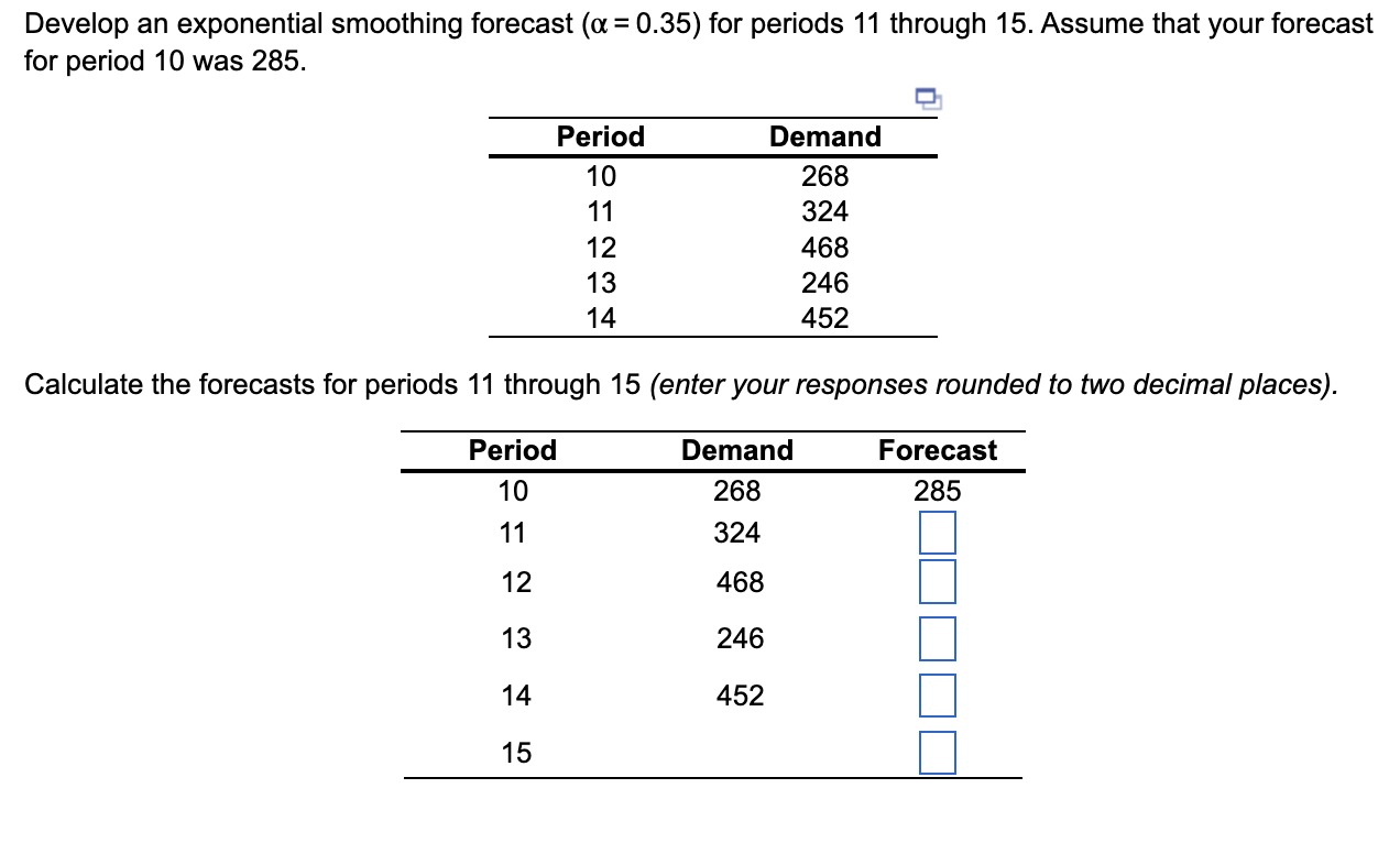  Develop an exponential smoothing forecast (=0.35 ) for periods 11 through