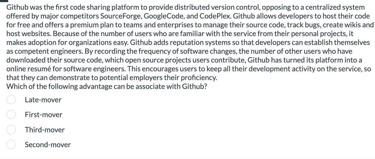  Github was the first code sharing platform to provide distributed version