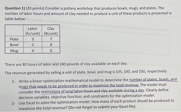  Question 1) (20 points) Consider a pottery workshop that produces bowls,
