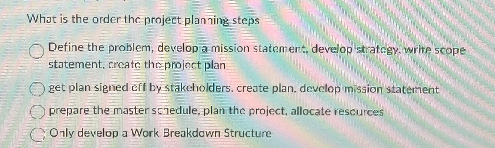  What is the order the project planning steps Define the problem,