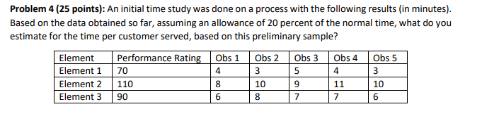  Problem 4 ( 25 points): An initial time study was done