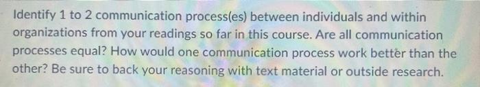  Identify 1 to 2 communication process(es) between individuals and within organizations