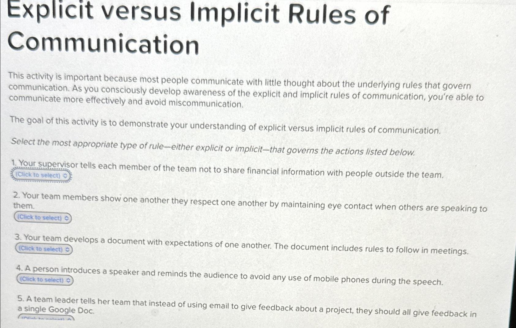  Explicit versus Implicit Rules of Communication This activity is important because