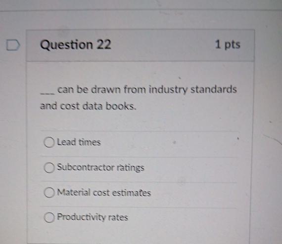  Question 22 1 pts can be drawn from industry standards and