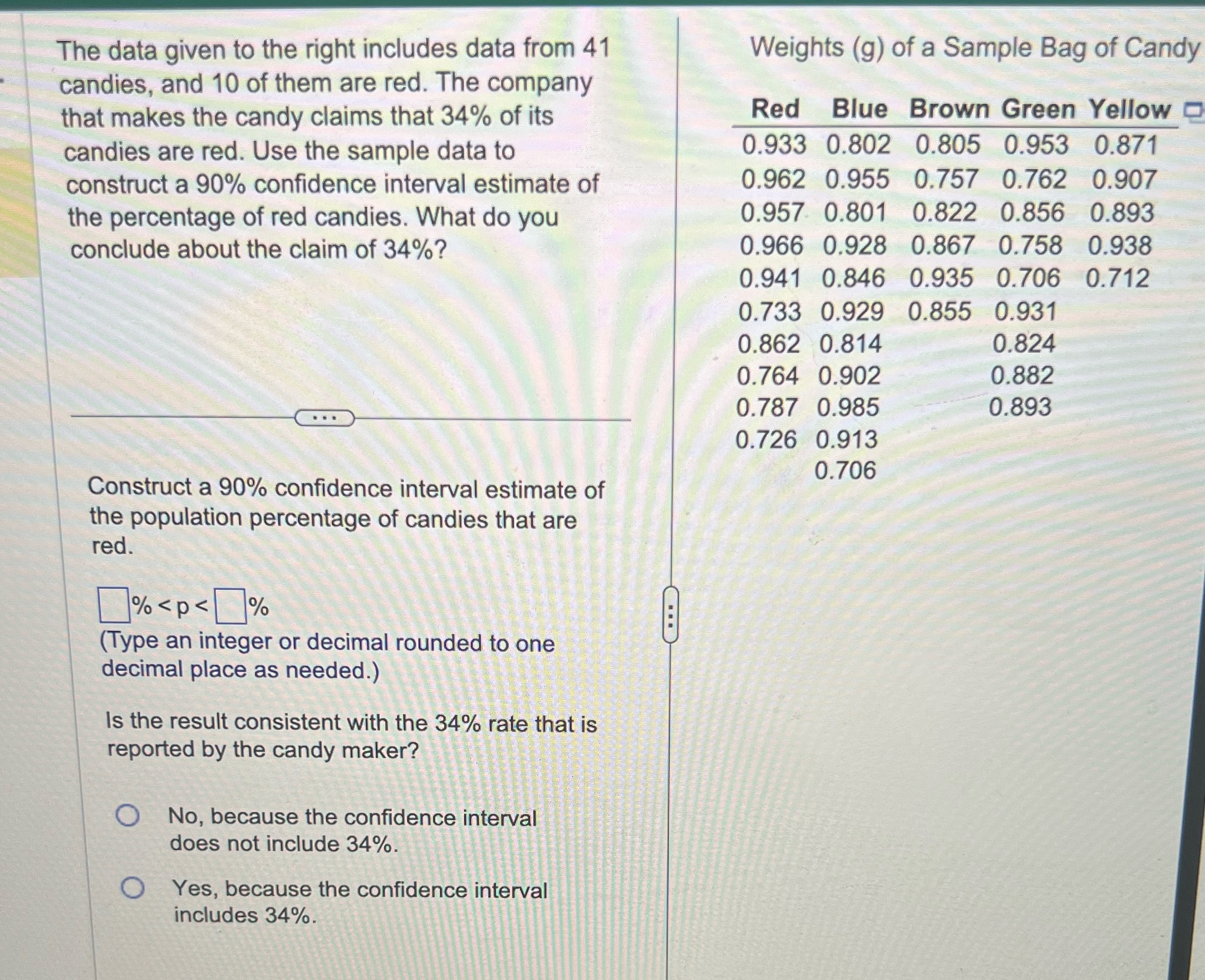 Question 2 The data given to the right includes data from 41
