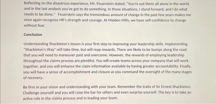 Which Shackleton leadership principles can be clearly Identified in the Malden Mills