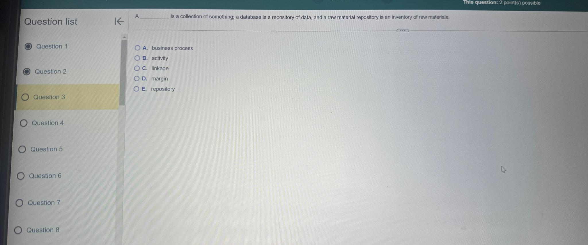  This question: 2 point(s) possible Question list Question 1 Question 2