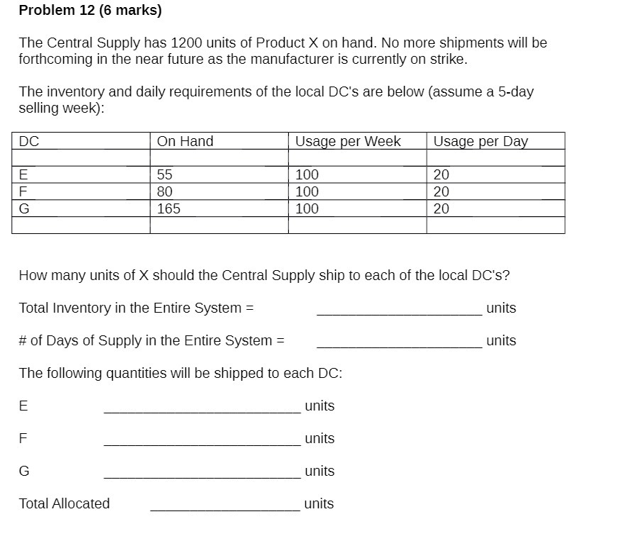 Problem 12 (6 marks) The Central Supply has 1200 units of