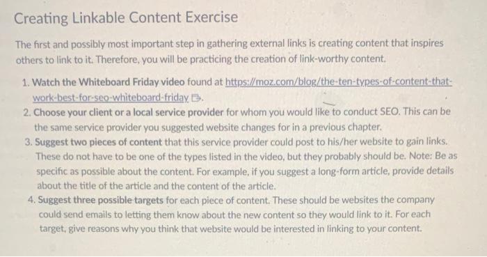  Creating Linkable Content Exercise The first and possibly most important step