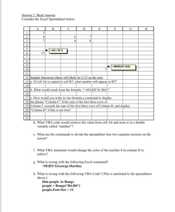  -in excel Section 2; Short Answer Consider the Excel Spreadsheet below.