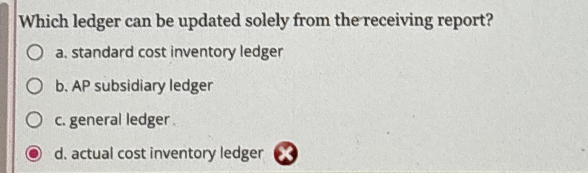  Which ledger can be updated solely from the receiving report? a.
