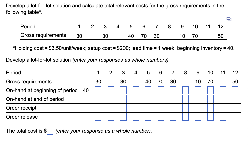 Develop a lot-for-lot solution and calculate total relevant costs for the gross