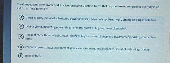  The Competitive Forces Framework imvolves analyzing 5 distinct forces that help