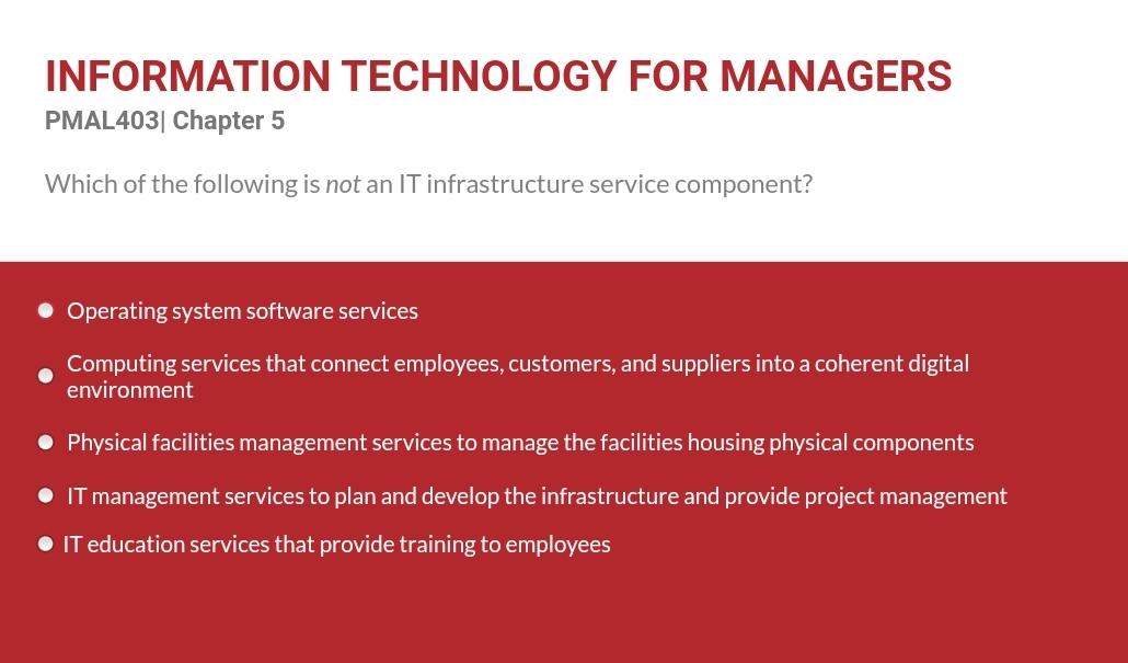  INFORMATION TECHNOLOGY FOR MANAGERS PMAL403| Chapter 5 Which of the following