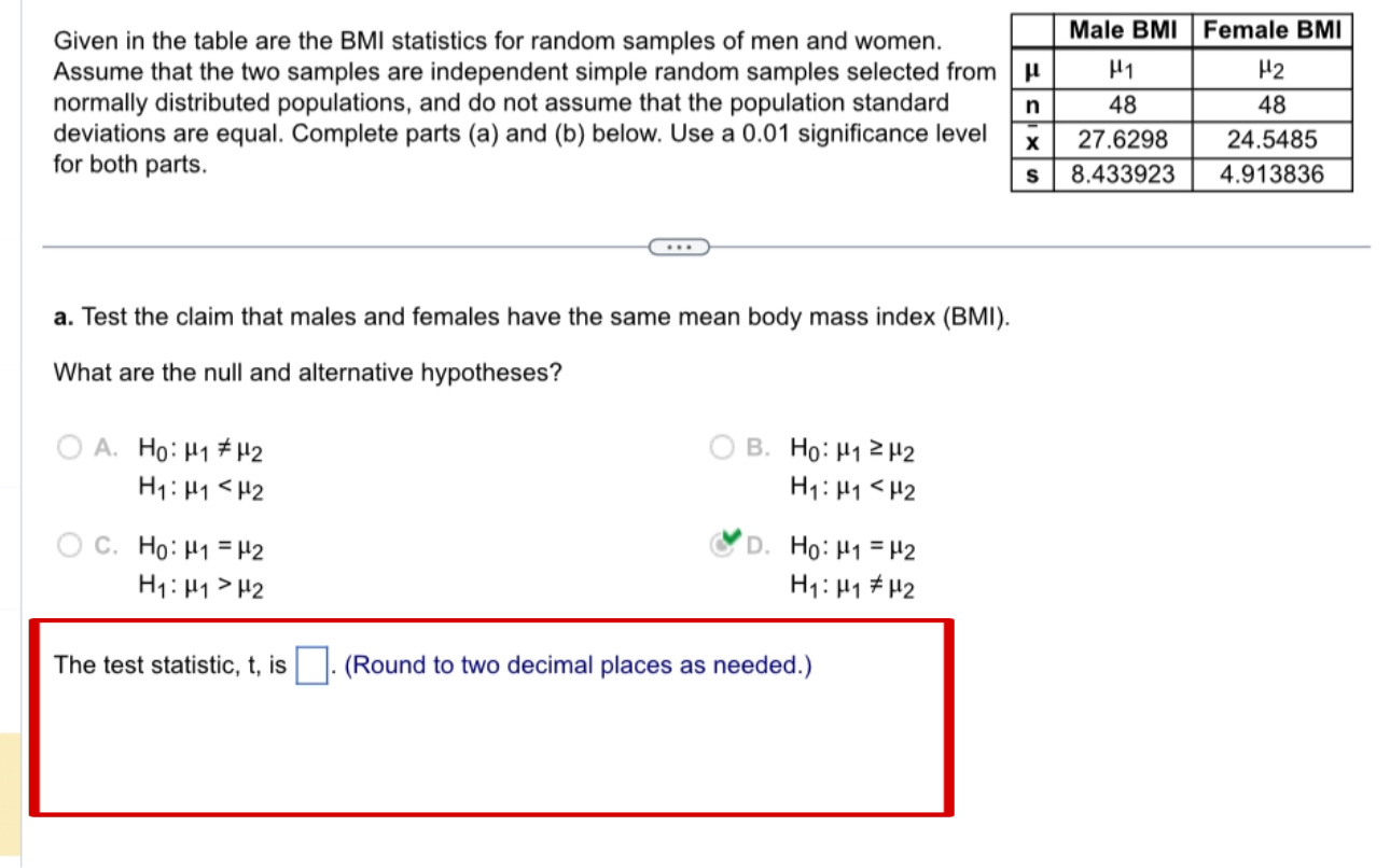 Given in the table are the BMI statistics for random samples