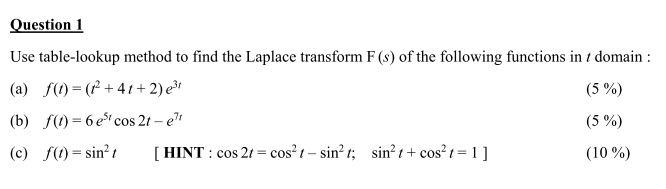  Question 1 Use table-lookup method to find the Laplace transform F