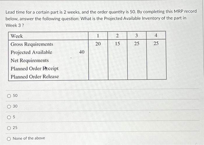 5. Lead time for a certain part is 2 weeks, and the