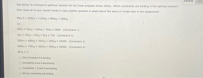  Use Solver to compute to optimum solution for the linear program