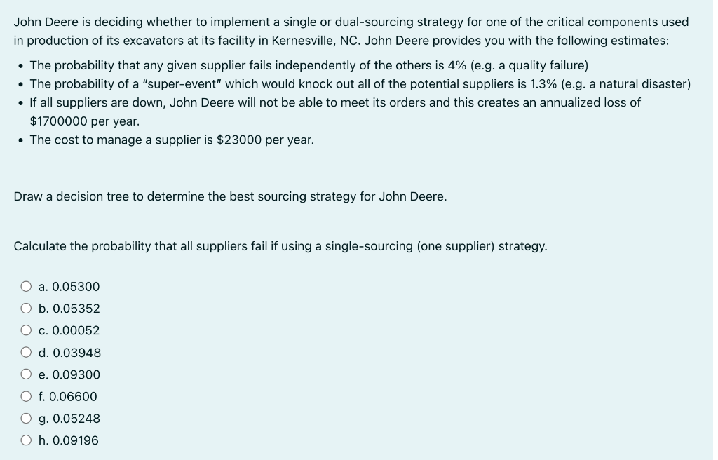  John Deere is deciding whether to implement a single or dual-sourcing