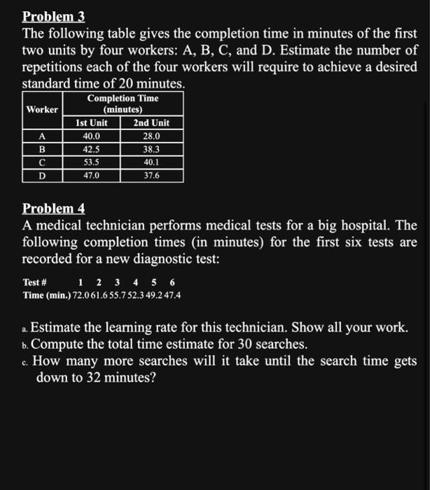  Problem 3 The following table gives the completion time in minutes