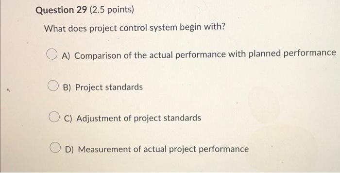  Question 29 (2.5 points) What does project control system begin with?
