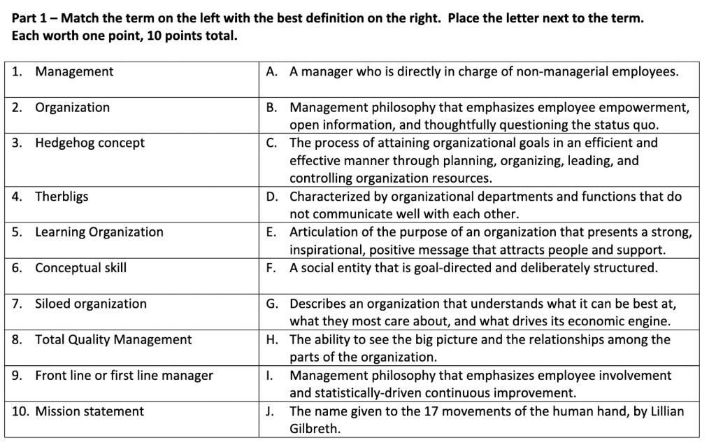  Part 1 - Match the term on the left with the