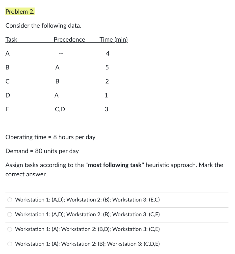  Consider the following data. Operating time =8 hours per day Demand