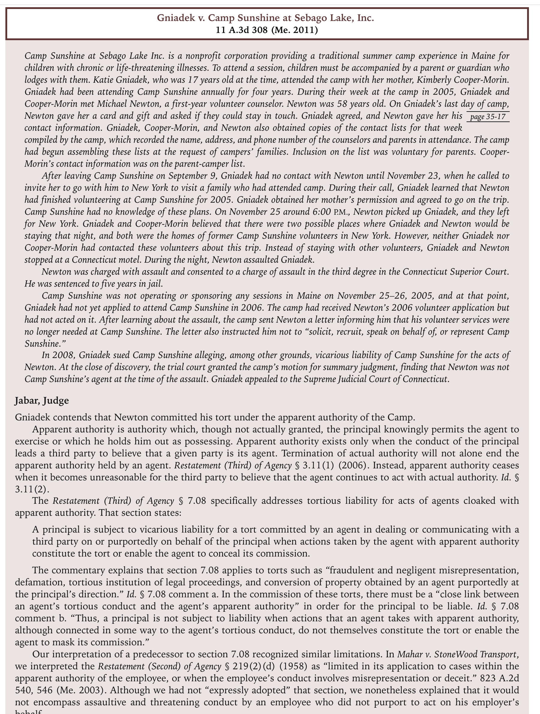 I need one page IRAC format for this briefer case Gniadek v.