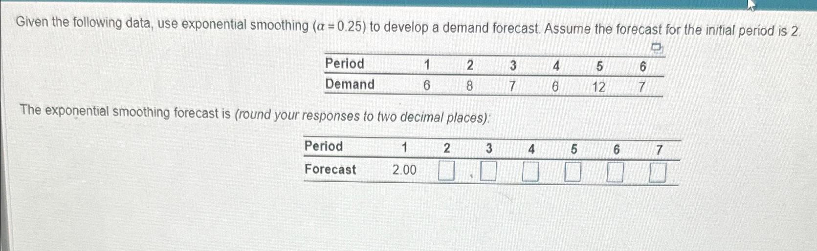  Given the following data, use exponential smoothing )=(0.25 to develop a